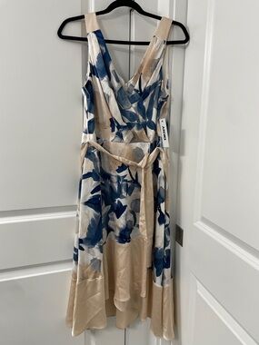 DKNY satin Blue and Beige Floral Wrap Midi Dress